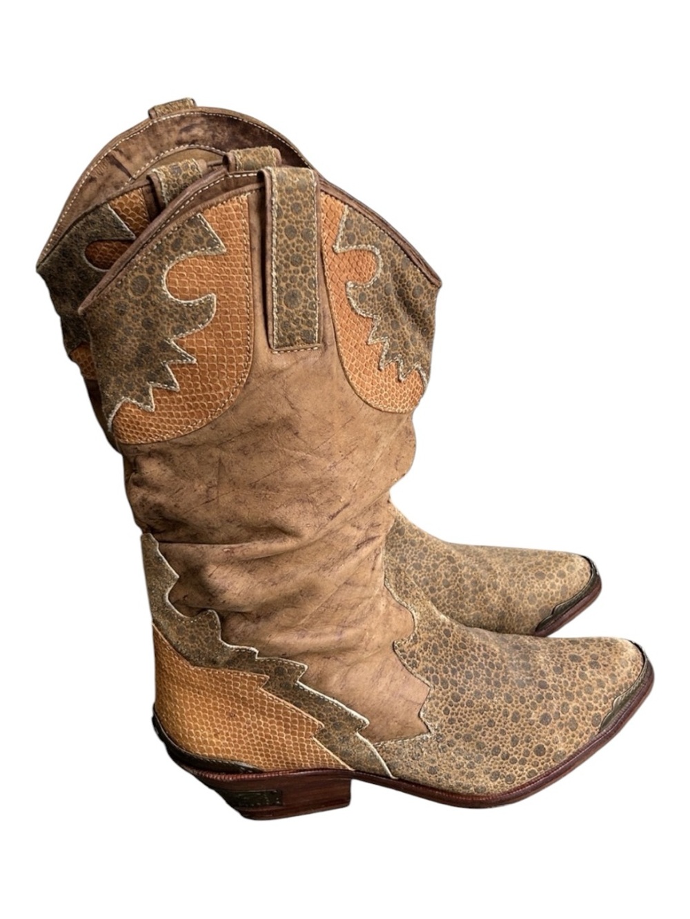 Wild Pair Leather VTG 80’s Western Cowgirl Slouchy Boots Tan Metal Star Heel 9
